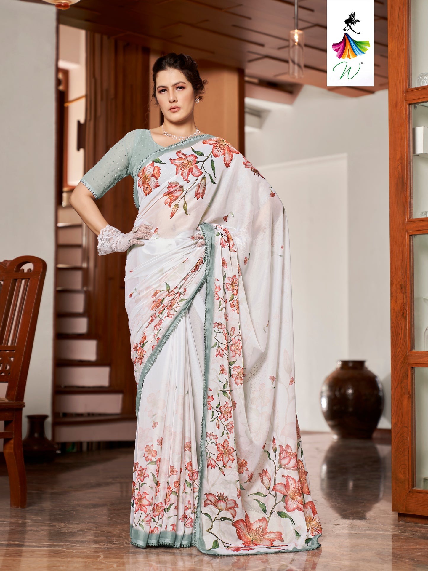 Tulip, Chiffon Flower With Foil Print Sari