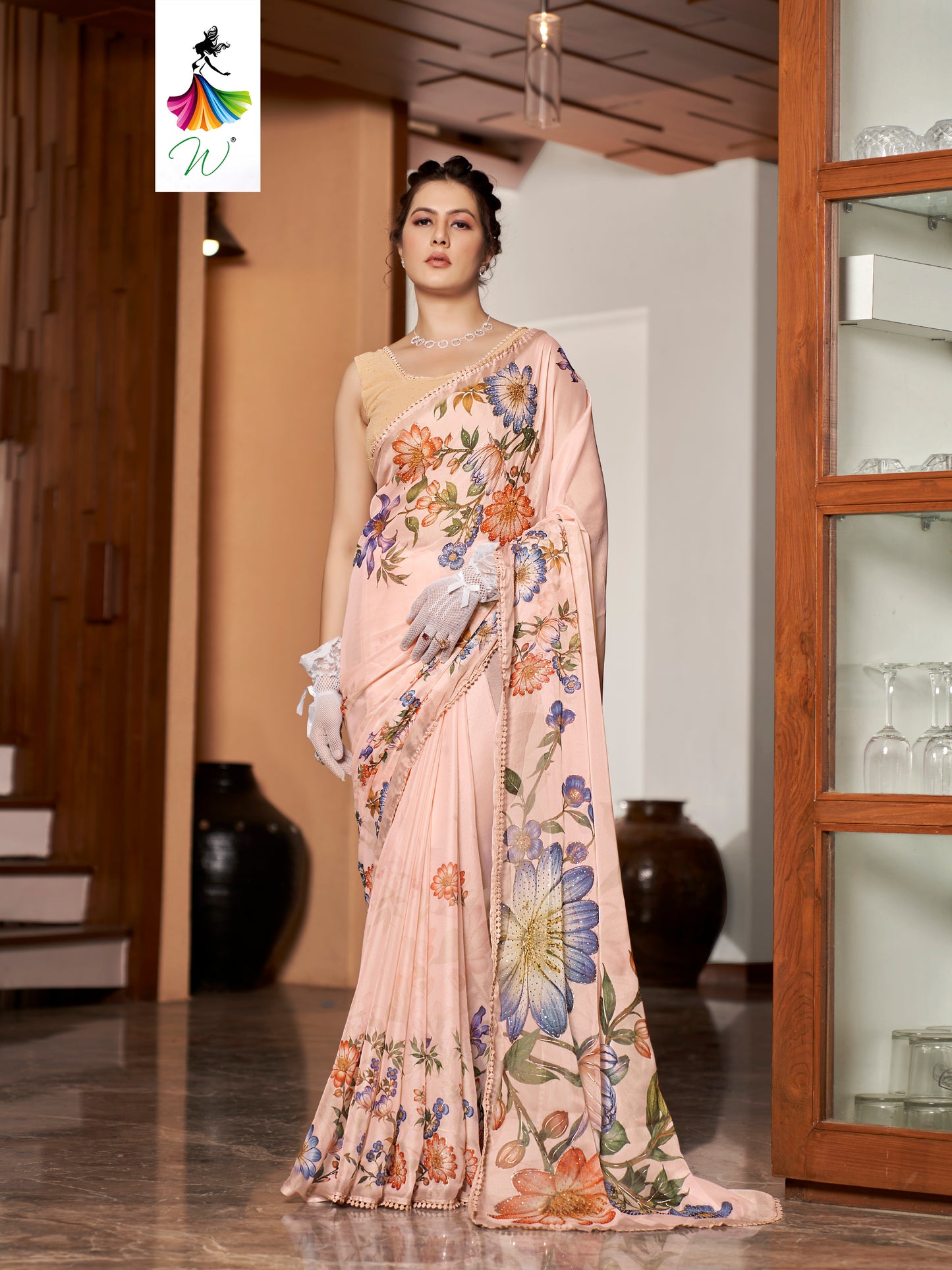 Tulip, Chiffon Flower With Foil Print Sari