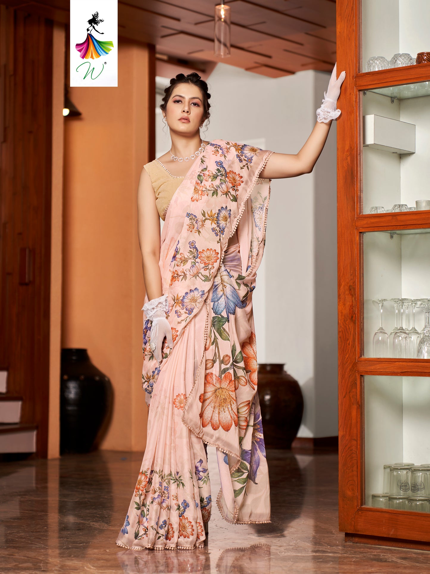 Tulip, Chiffon Flower With Foil Print Sari