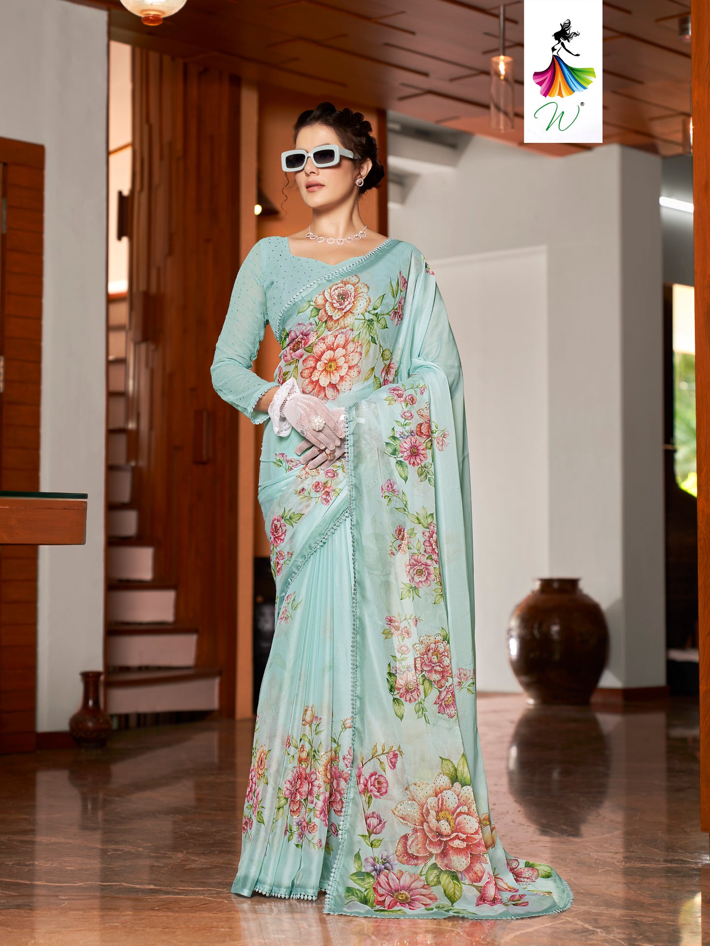 Tulip, Chiffon Flower With Foil Print Sari