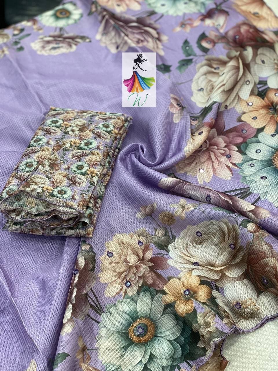 Bloom Floral Print & Mirror work Sari - Womantra