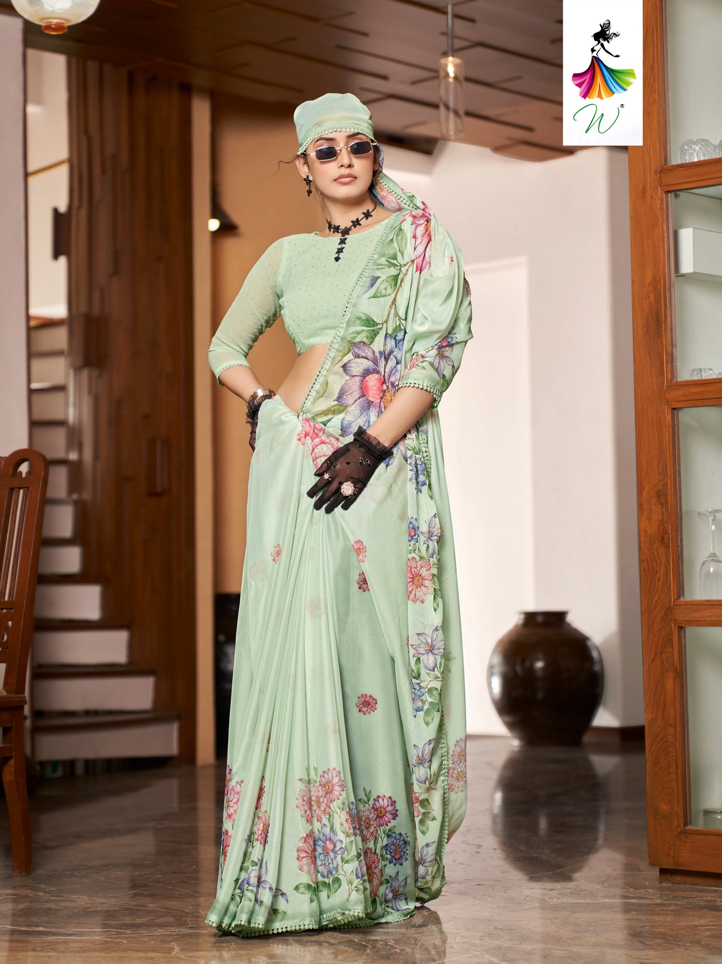 Tulip, Chiffon Flower With Foil Print Sari - Womantra