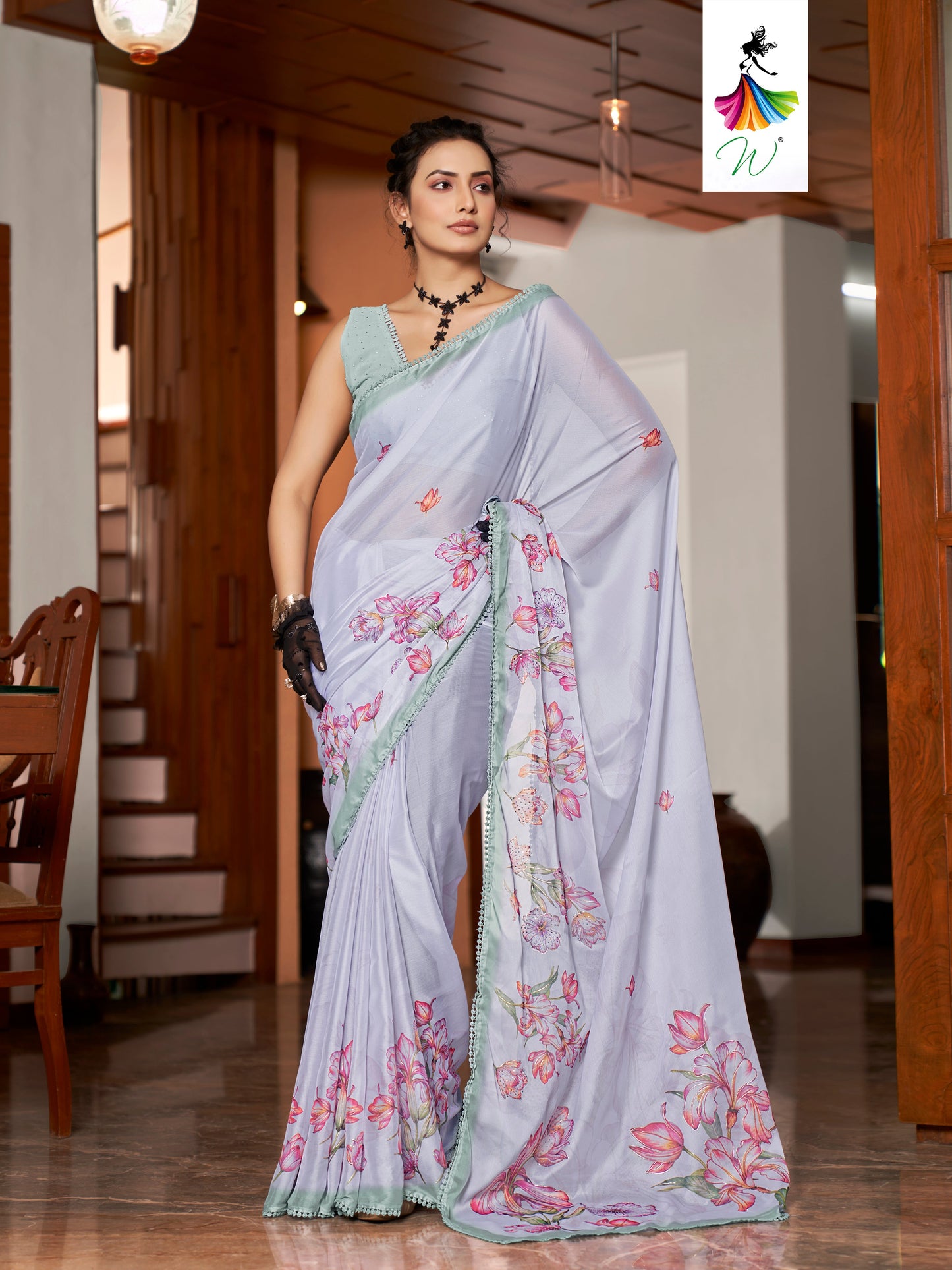 Tulip, Chiffon Flower With Foil Print Sari - Womantra