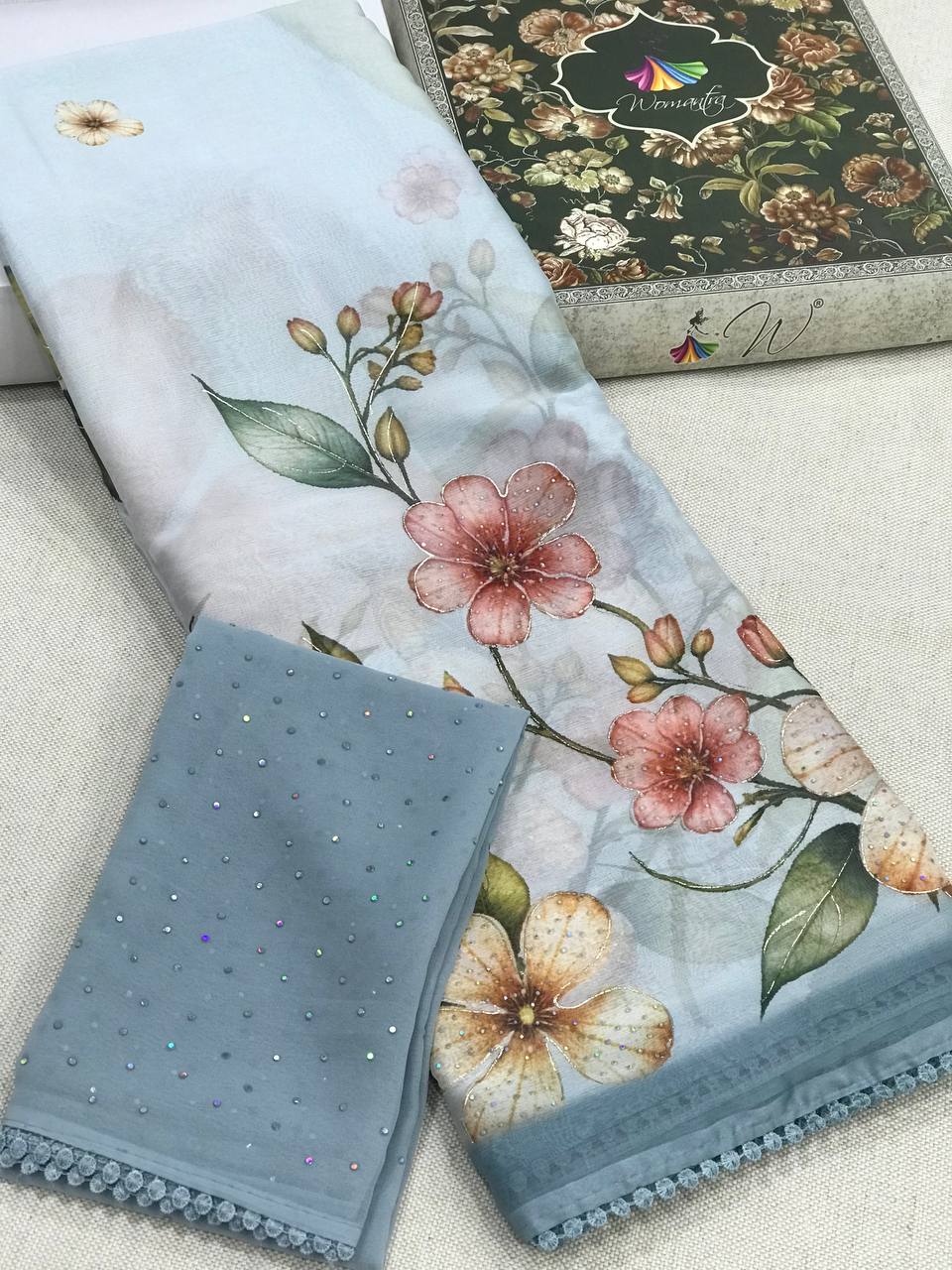 Tulip, Chiffon Flower With Foil Print Sari - Womantra