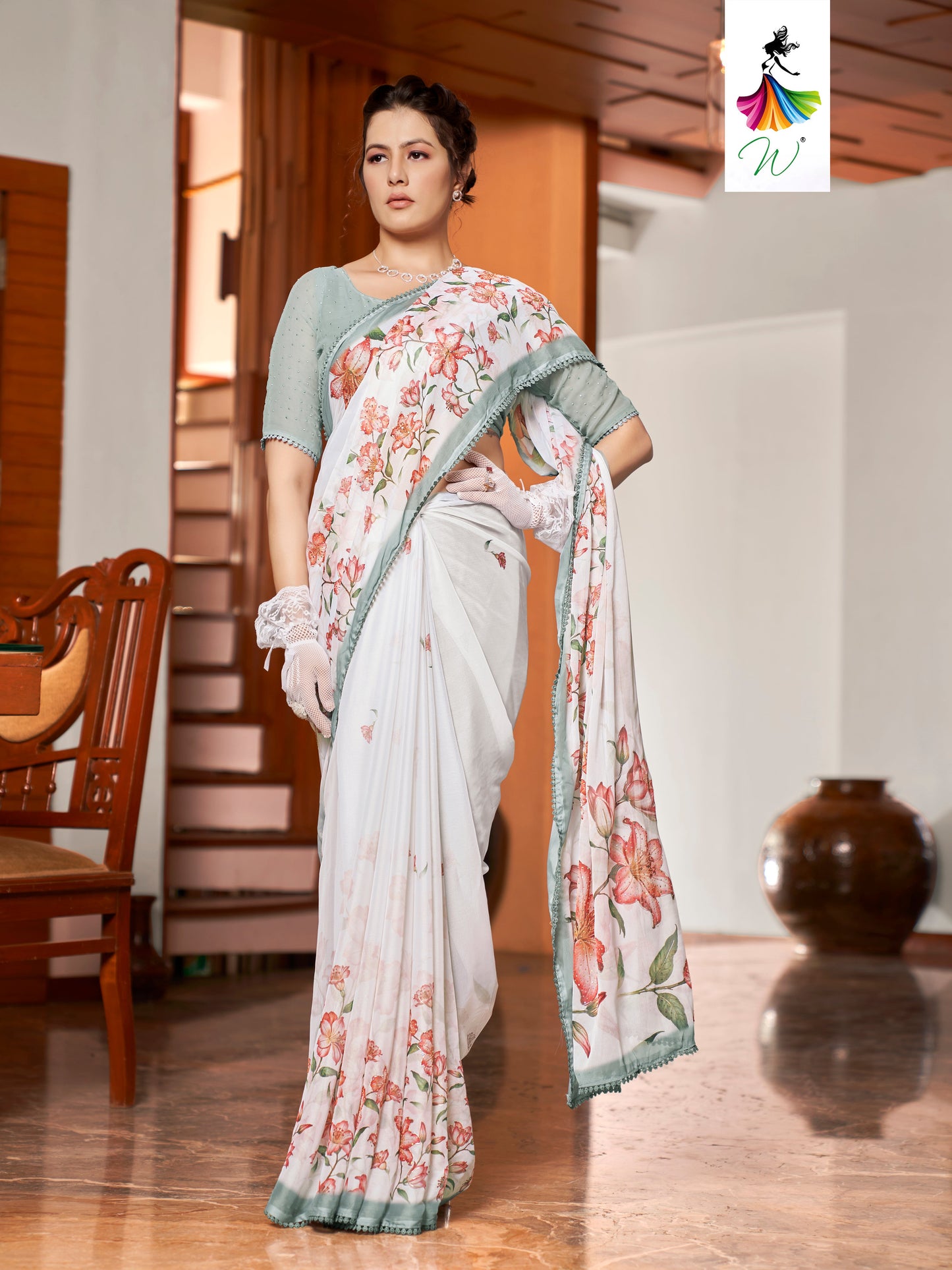 Tulip, Chiffon Flower With Foil Print Sari - Womantra