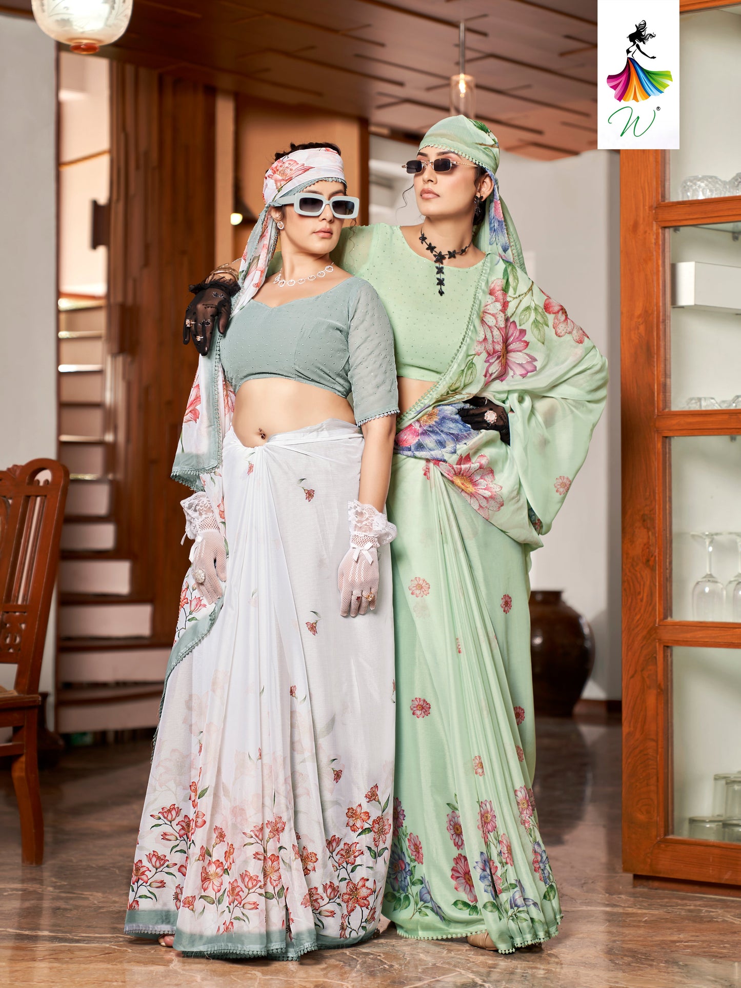 Tulip, Chiffon Flower With Foil Print Sari - Womantra
