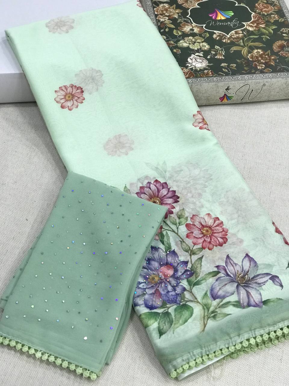 Tulip, Chiffon Flower With Foil Print Sari - Womantra