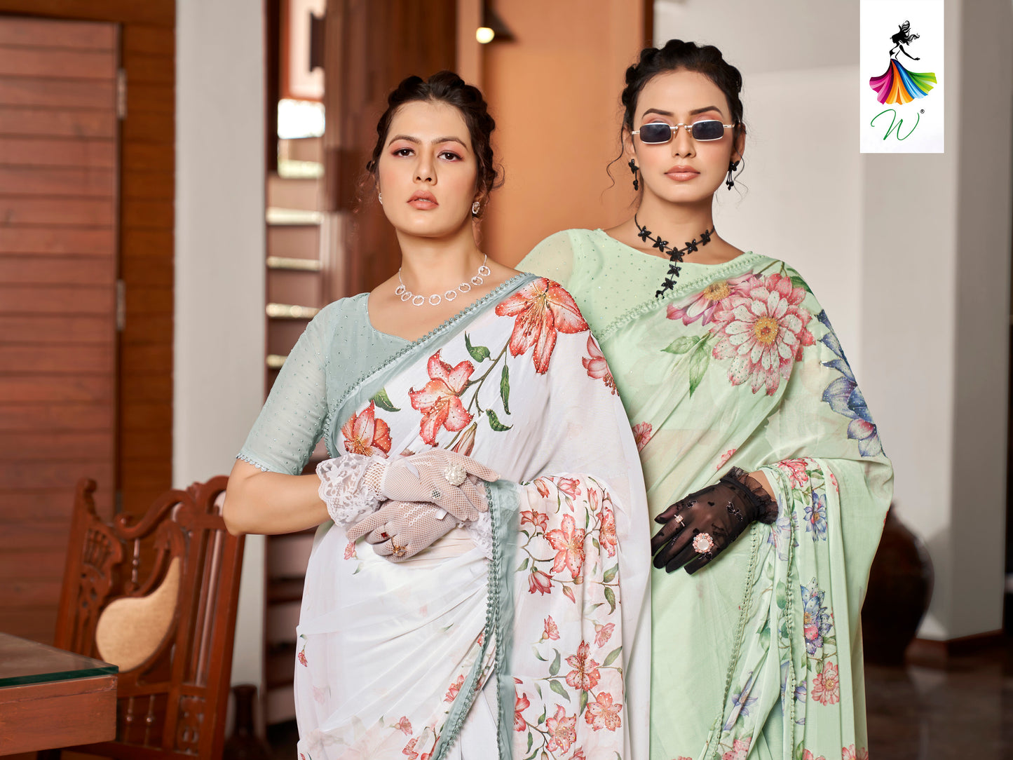Tulip, Chiffon Flower With Foil Print Sari - Womantra