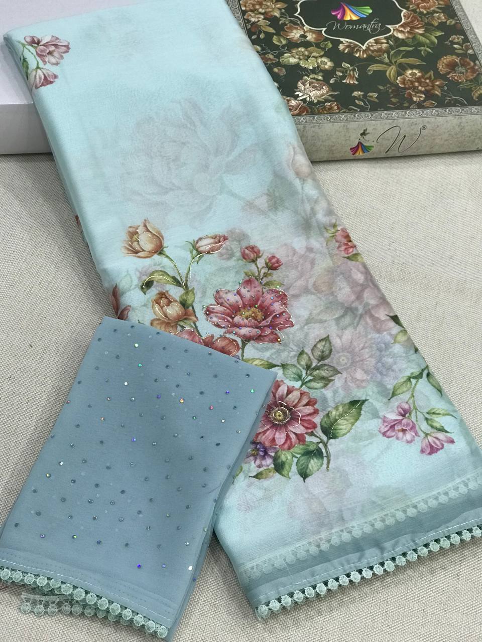 Tulip, Chiffon Flower With Foil Print Sari - Womantra