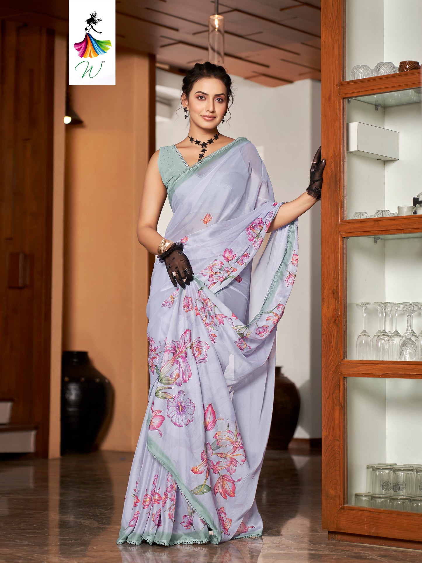 Tulip, Chiffon Flower With Foil Print Sari - Womantra