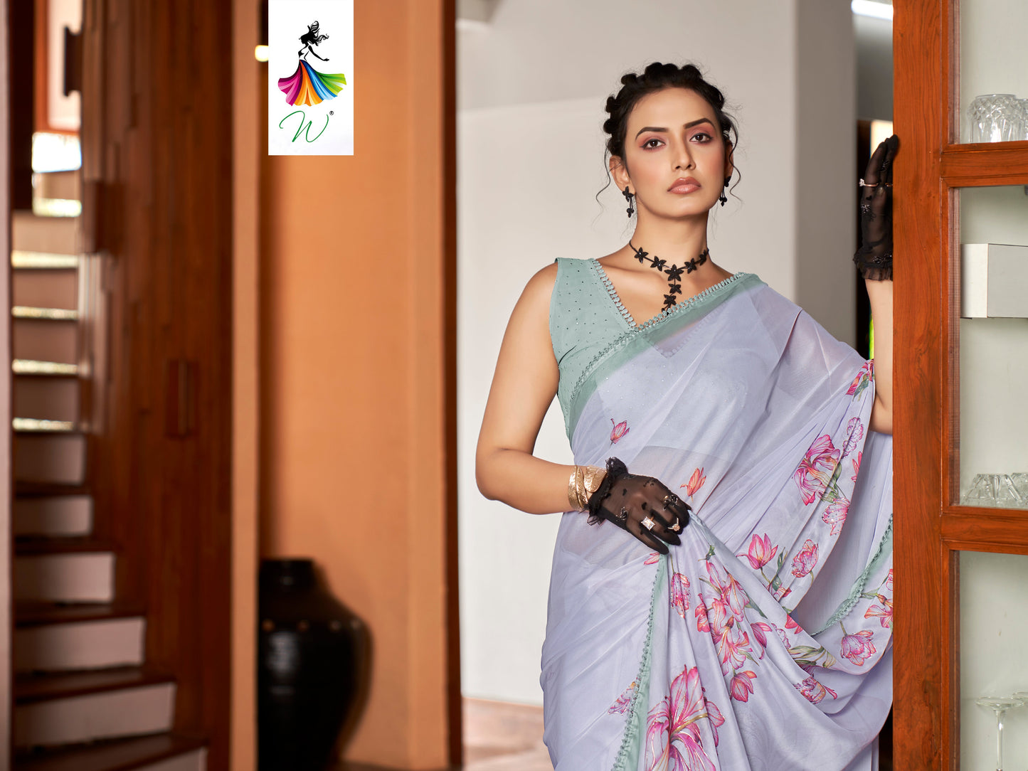 Tulip, Chiffon Flower With Foil Print Sari - Womantra