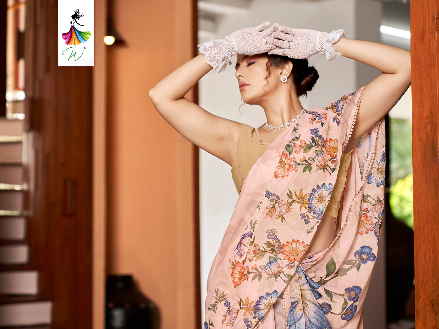 Tulip, Chiffon Flower With Foil Print Sari - Womantra