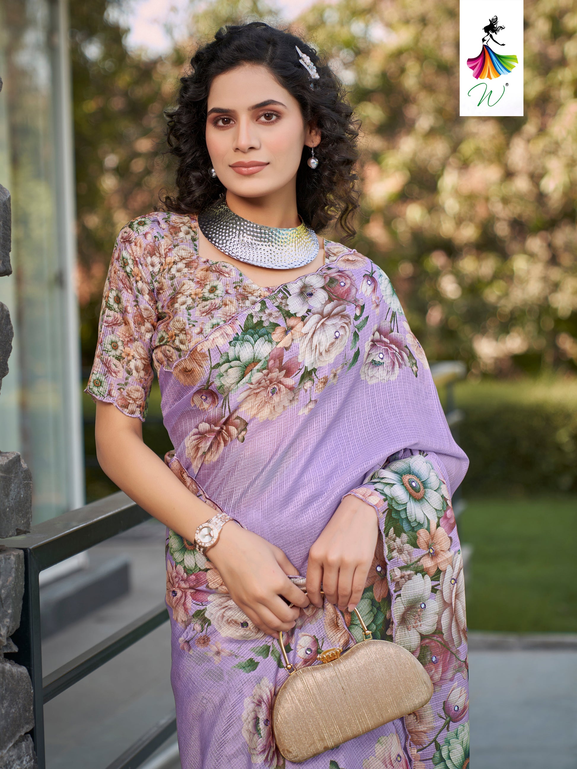 Bloom Floral Print & Mirror work Sari - Womantra