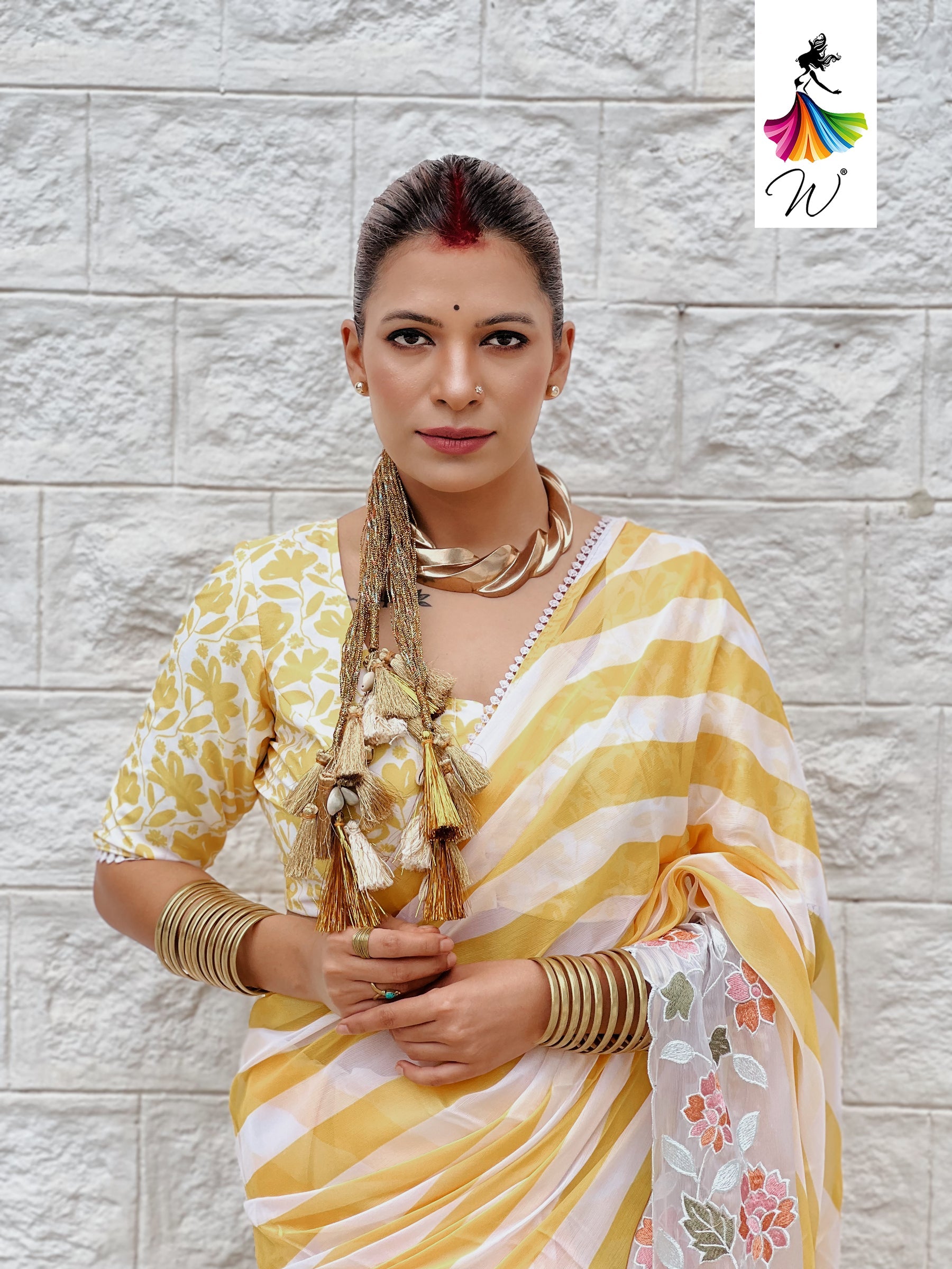 Gemini Chiffon Embroidery & Stripes Print Saree - Womantra