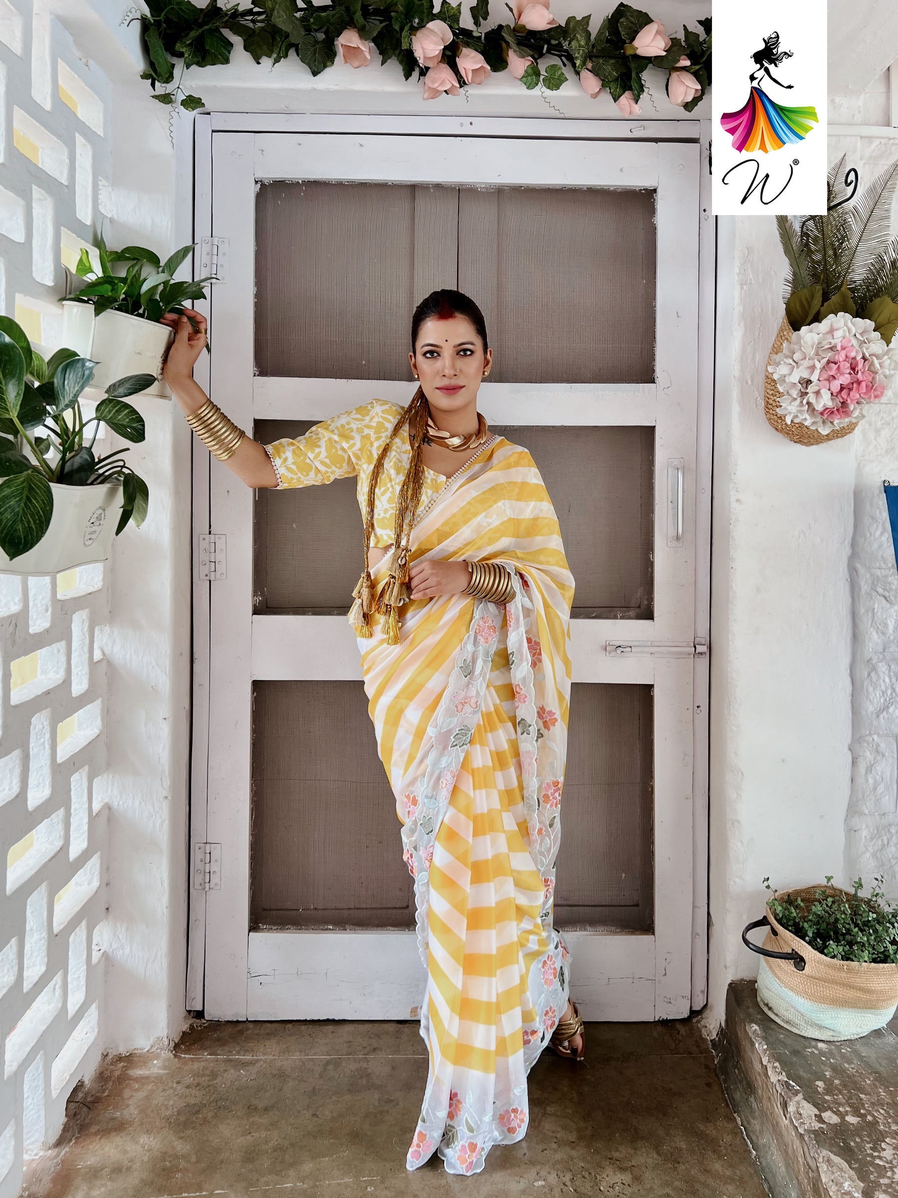 Gemini Chiffon Embroidery & Stripes Print Saree - Womantra
