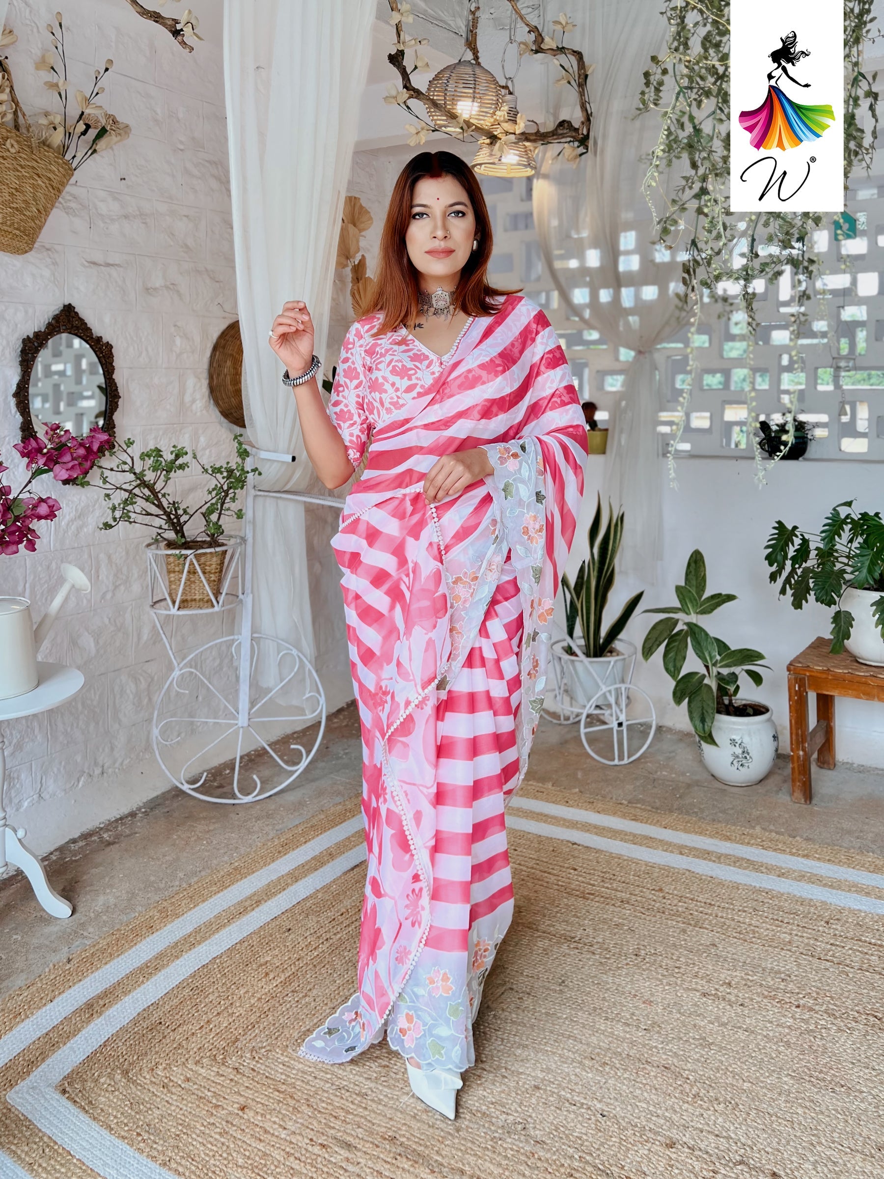 Gemini Chiffon Embroidery & Stripes Print Saree - Womantra
