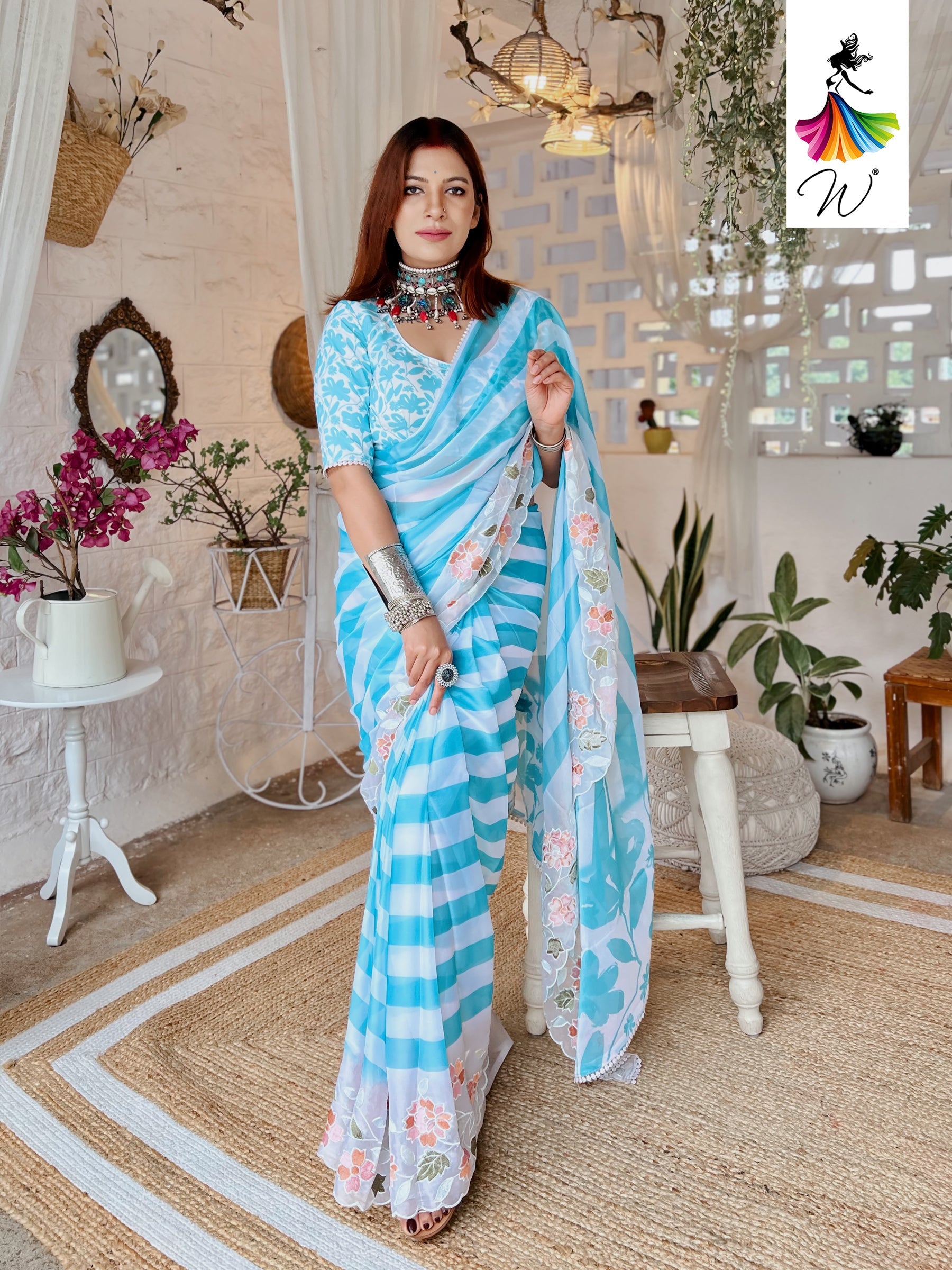 Gemini Chiffon Embroidery & Stripes Print Saree - Womantra