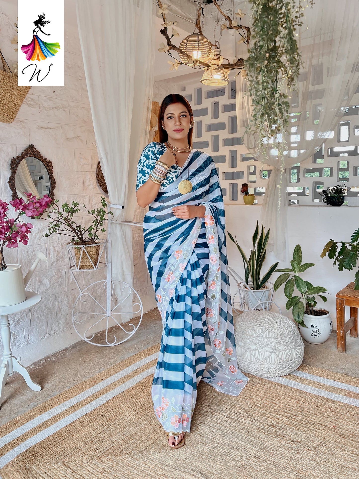 Gemini Chiffon Embroidery & Stripes Print Saree - Womantra