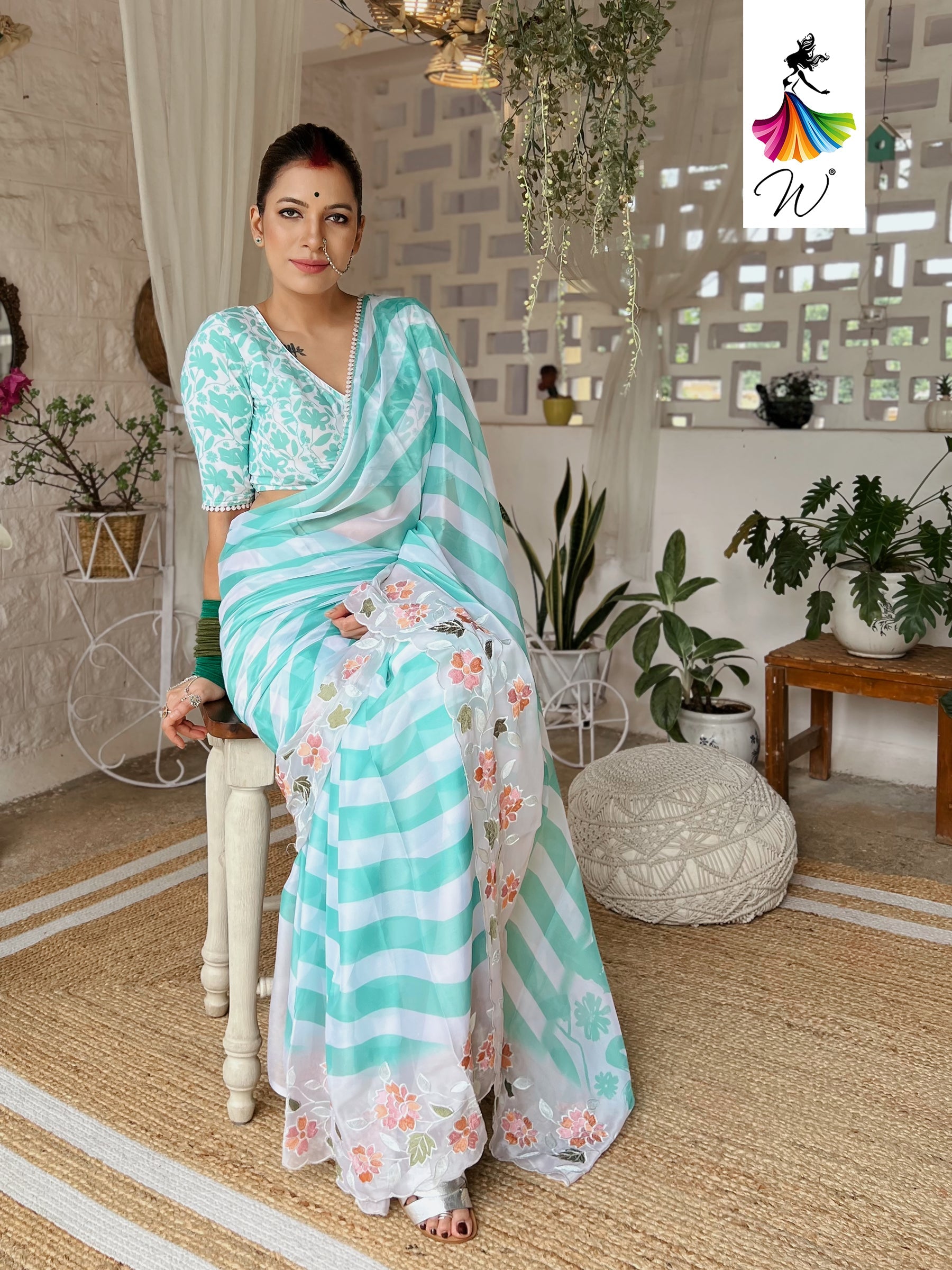 Gemini Chiffon Embroidery & Stripes Print Saree - Womantra