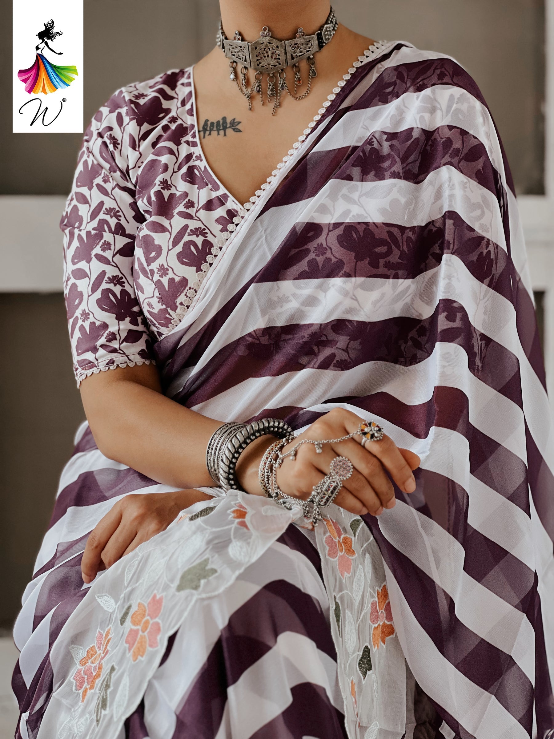 Gemini Chiffon Embroidery & Stripes Print Saree - Womantra