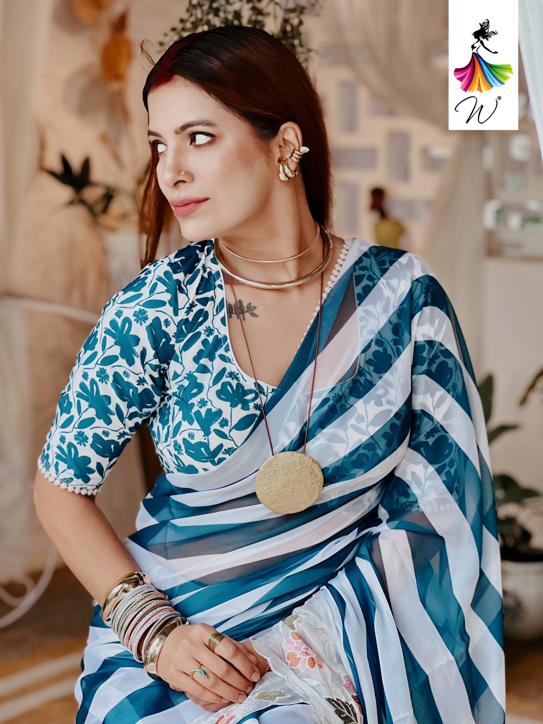 Gemini Chiffon Embroidery & Stripes Print Saree - Womantra