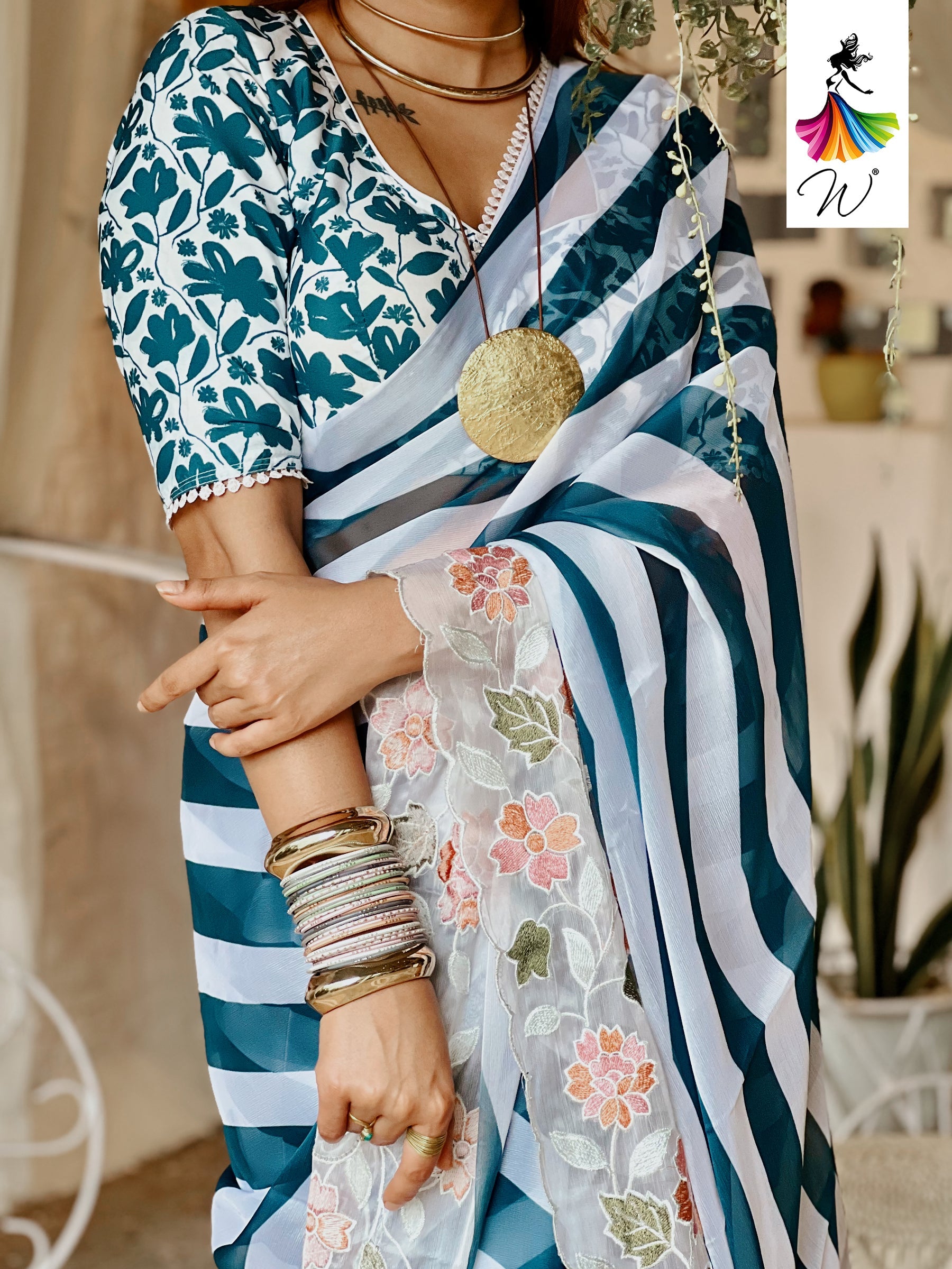 Gemini Chiffon Embroidery & Stripes Print Saree - Womantra