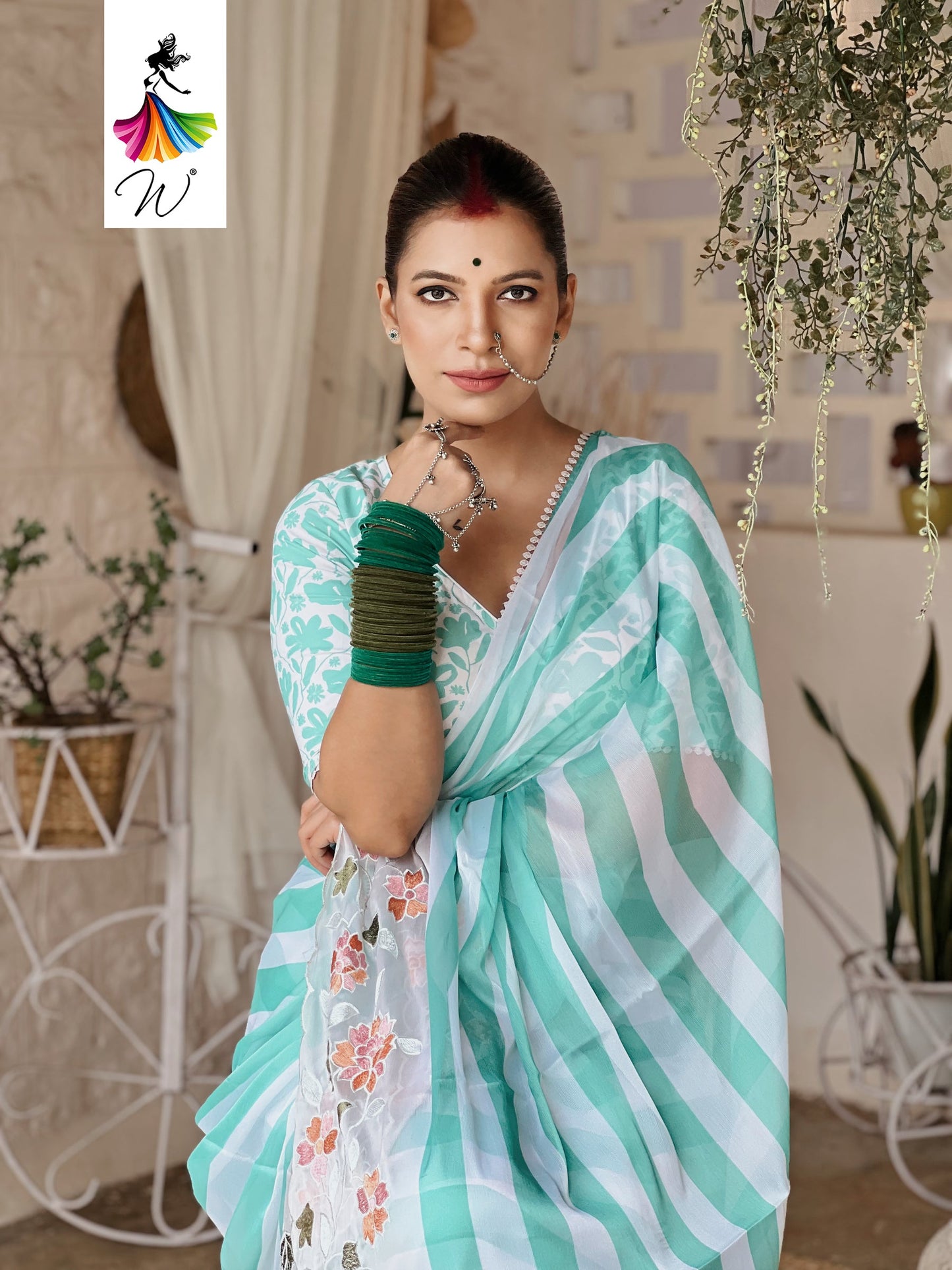 Gemini Chiffon Embroidery & Stripes Print Saree - Womantra