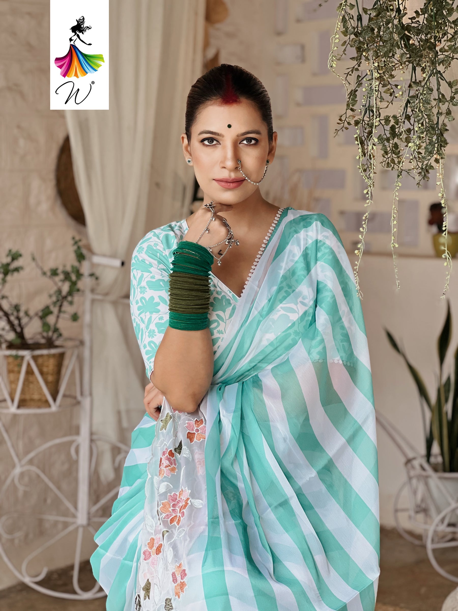 Gemini Chiffon Embroidery & Stripes Print Saree - Womantra