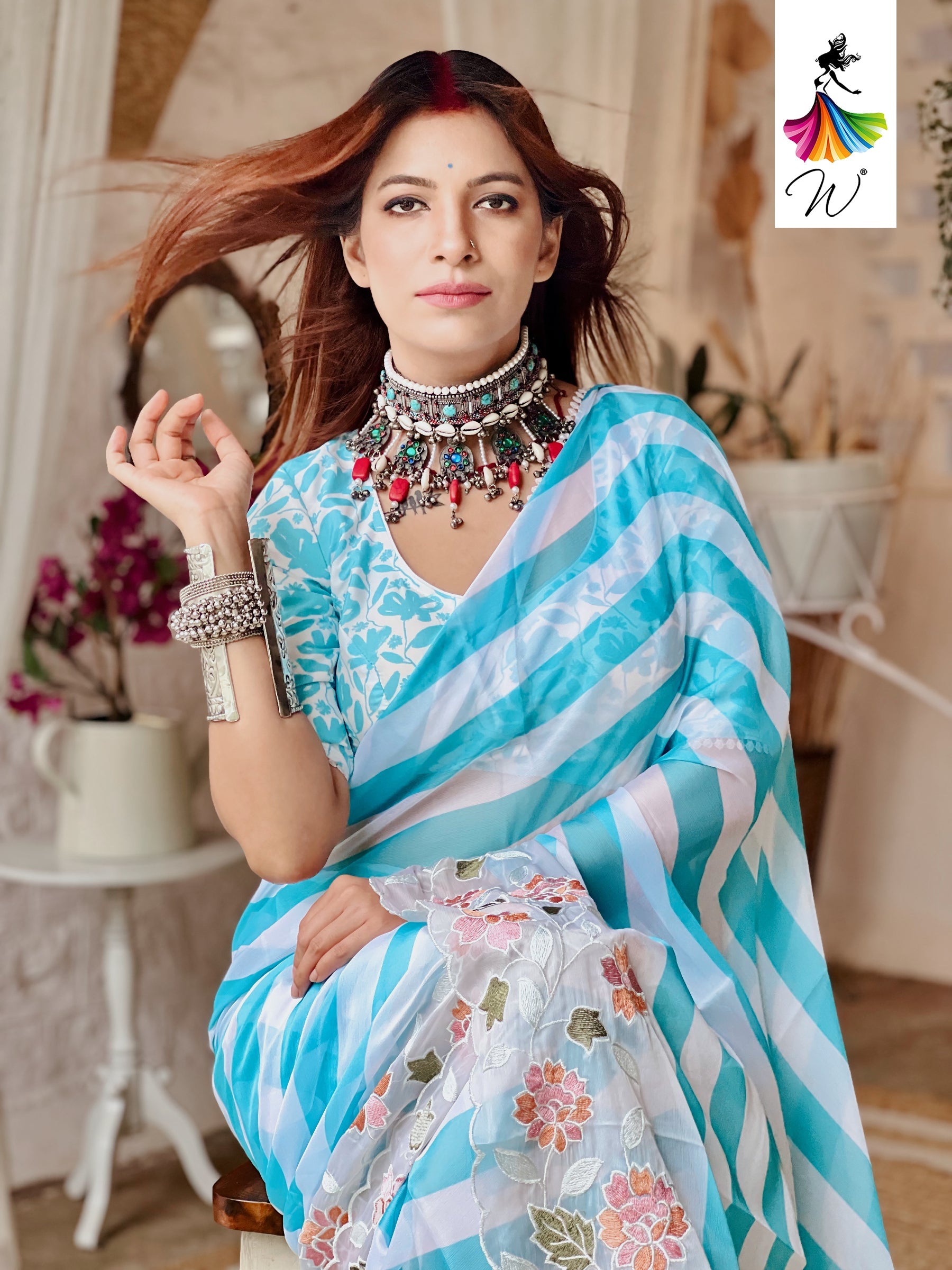 Gemini Chiffon Embroidery & Stripes Print Saree - Womantra
