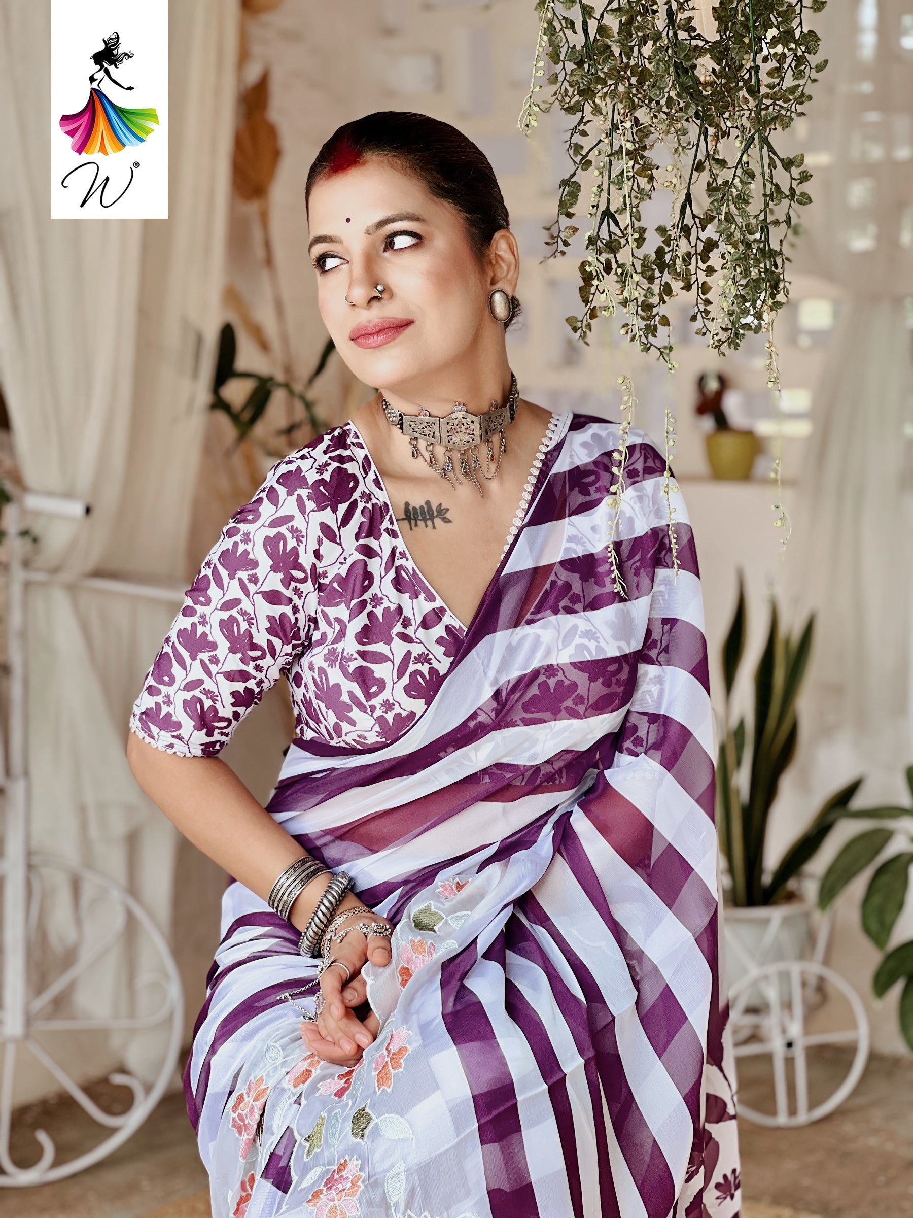 Gemini Chiffon Embroidery & Stripes Print Saree - Womantra