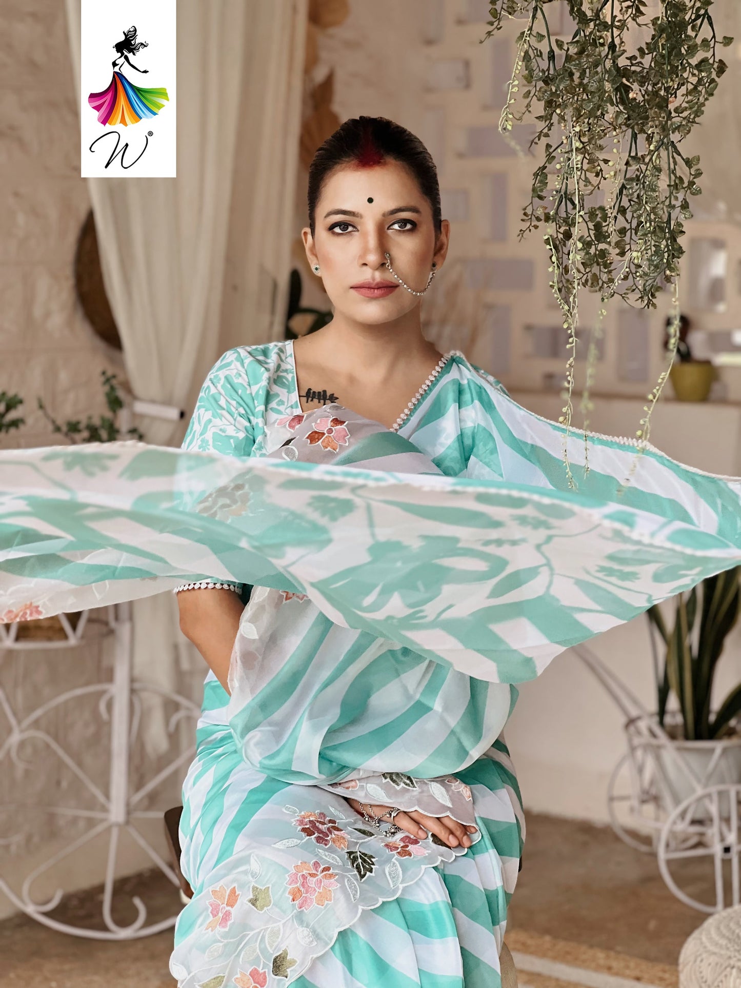 Gemini Chiffon Embroidery & Stripes Print Saree - Womantra