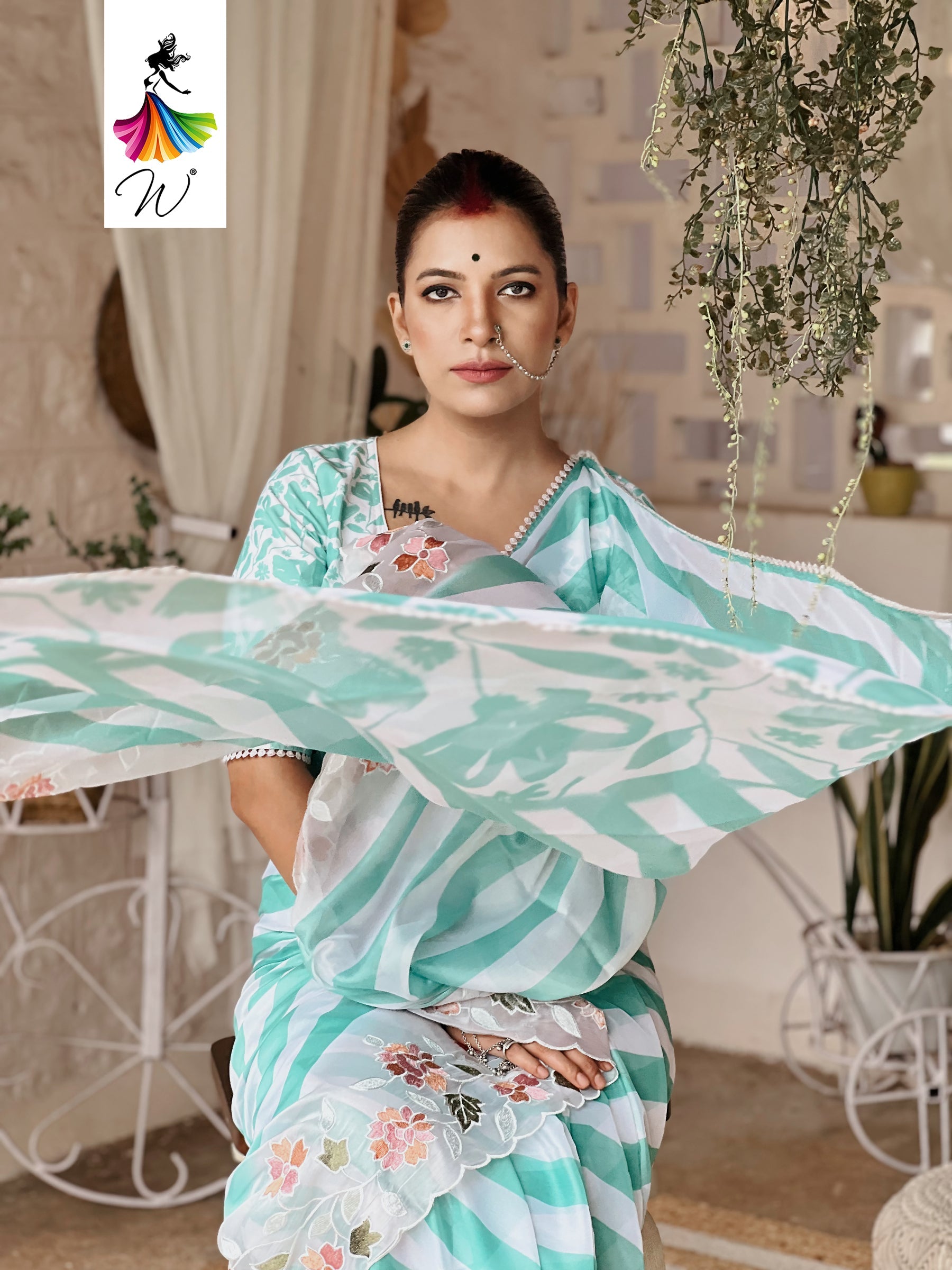 Gemini Chiffon Embroidery & Stripes Print Saree - Womantra