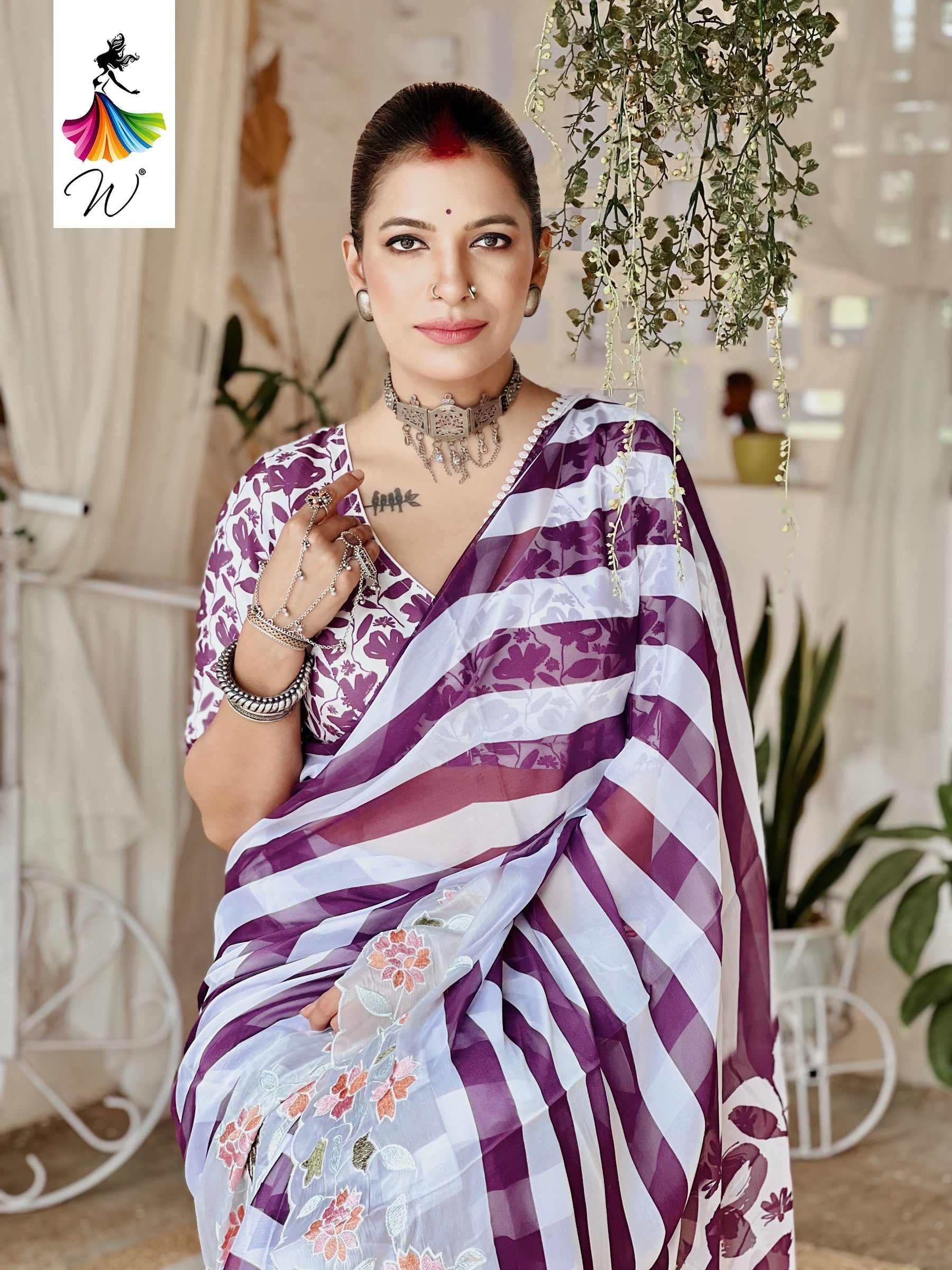 Gemini Chiffon Embroidery & Stripes Print Saree - Womantra