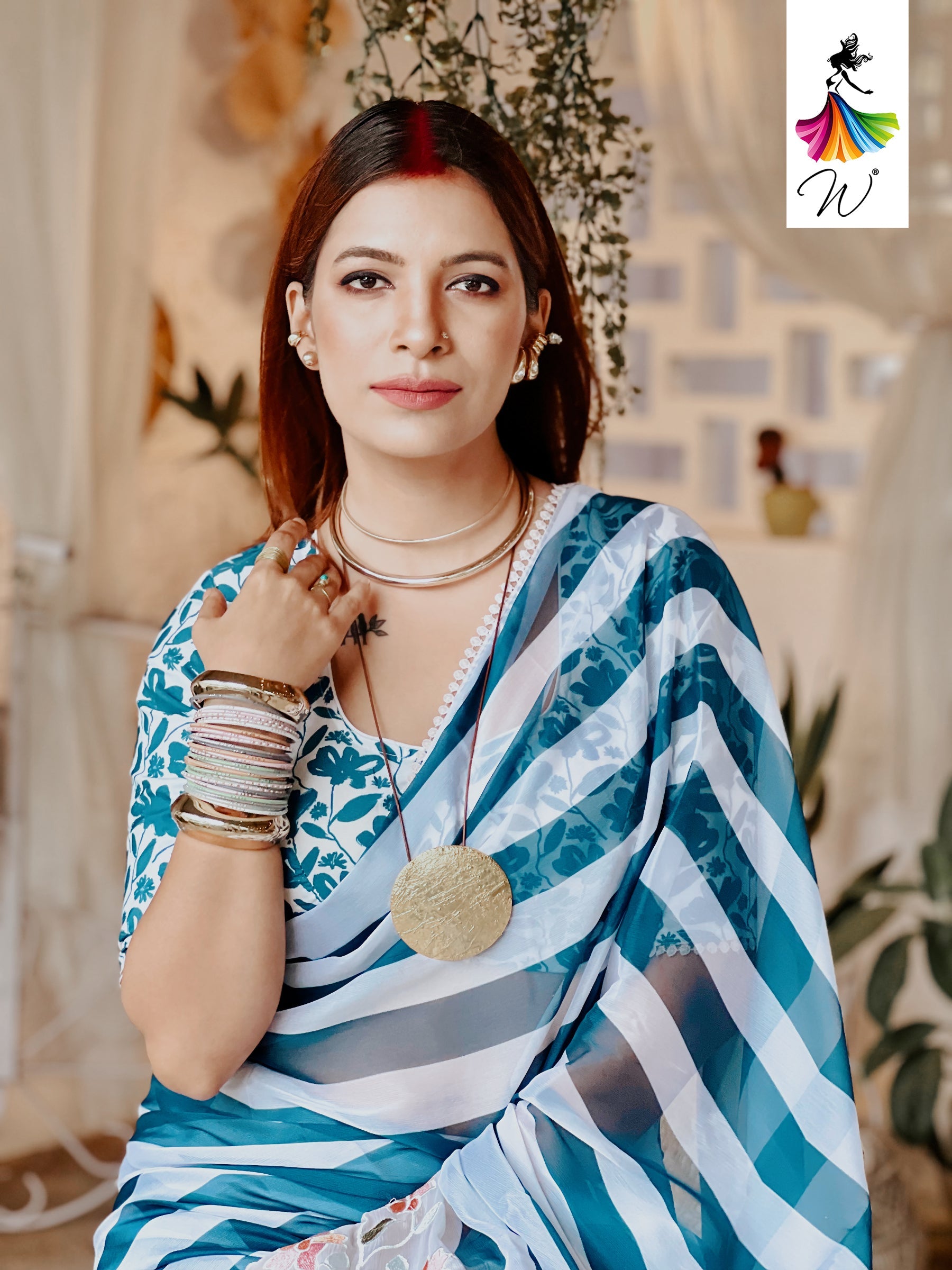 Gemini Chiffon Embroidery & Stripes Print Saree - Womantra
