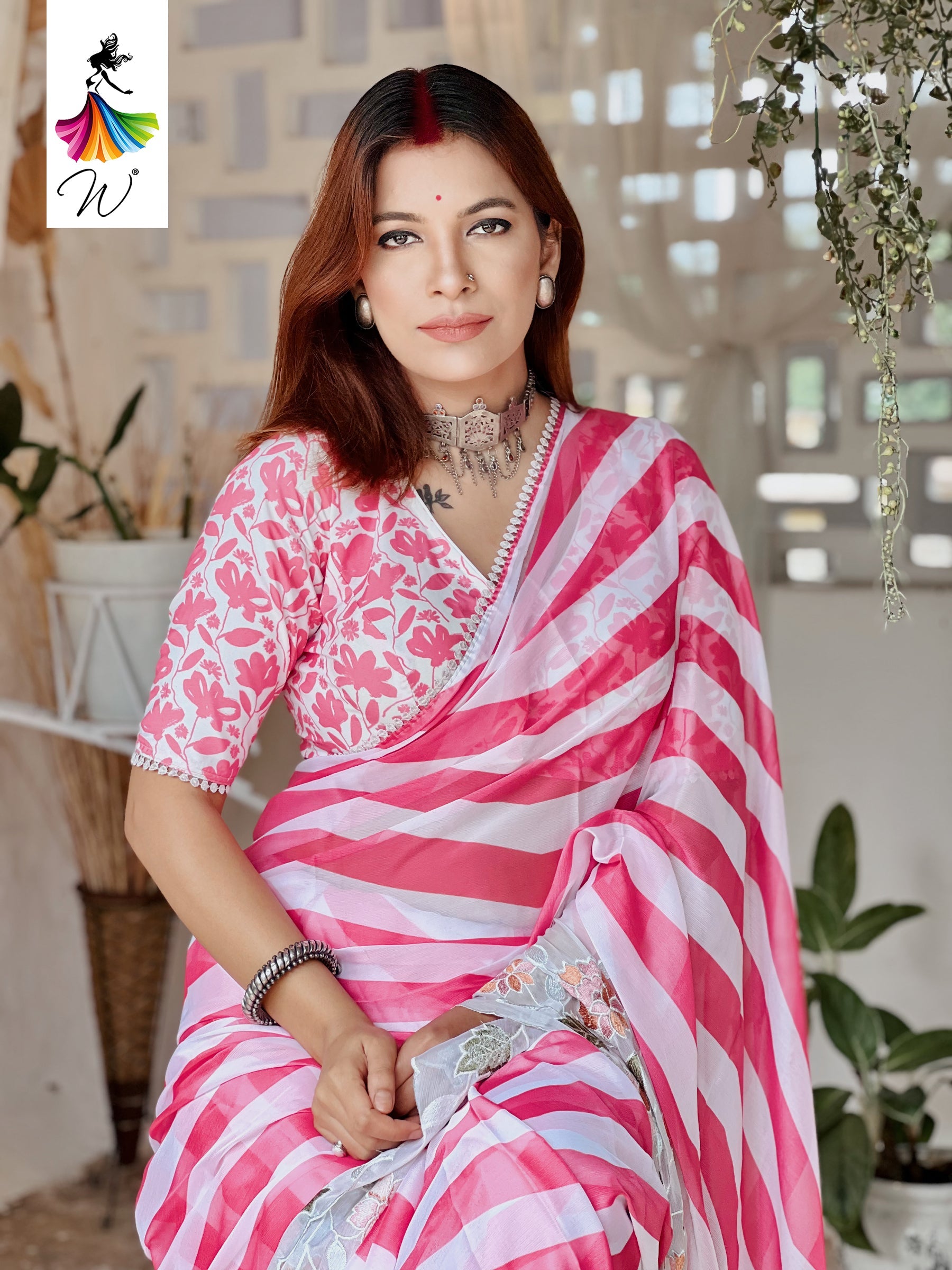 Gemini Chiffon Embroidery & Stripes Print Saree - Womantra