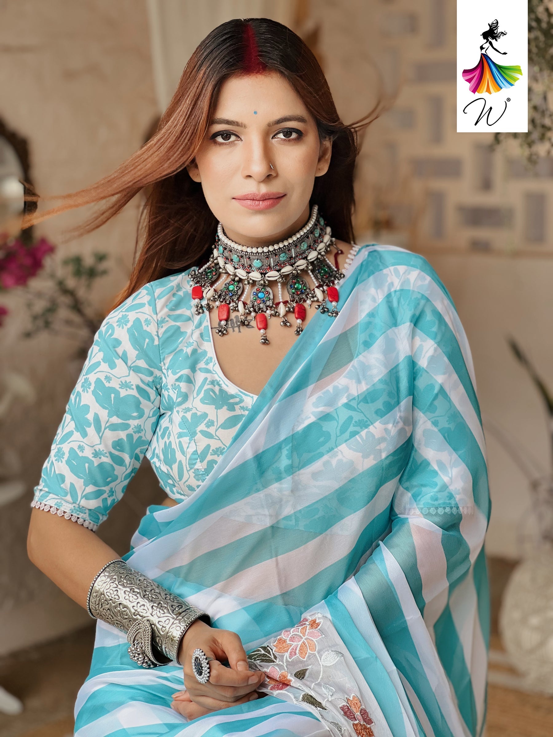 Gemini Chiffon Embroidery & Stripes Print Saree - Womantra