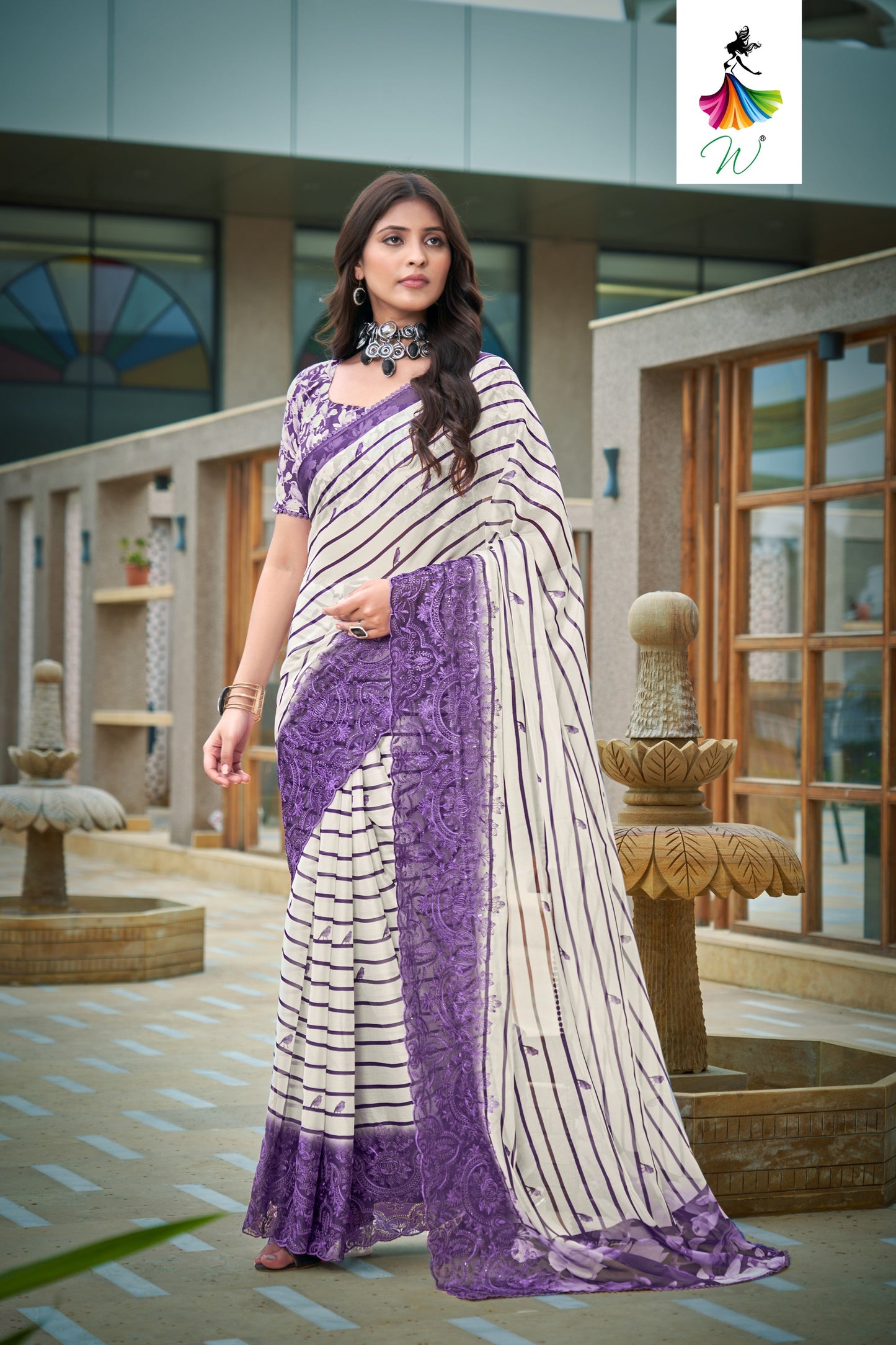 Geminia Striped Chiffon Saree - Womantra Styles Pvt Ltd