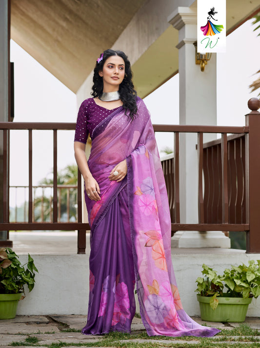 Lilac, Chiffon Flower With Foil Print Sari - Womantra