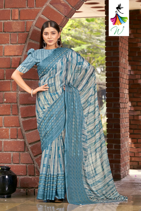 Serene Blue Stripes Digital Print & Embroidery Border Chiffon Sari - Womantra