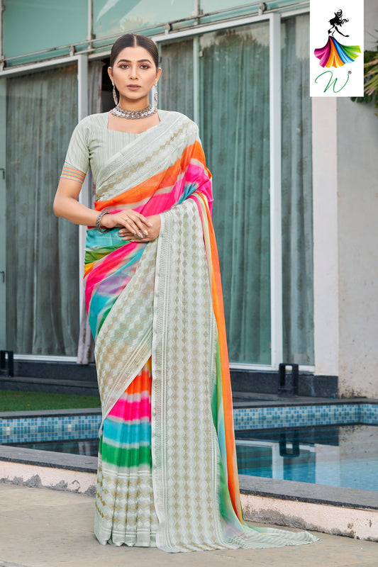 Serene Rainbow Stripes Digital Print & Embroidery Border Chiffon Sari - Womantra