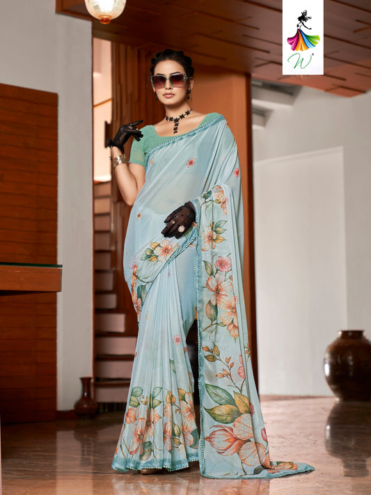 Tulip, Chiffon Flower With Foil Print Sari - Womantra