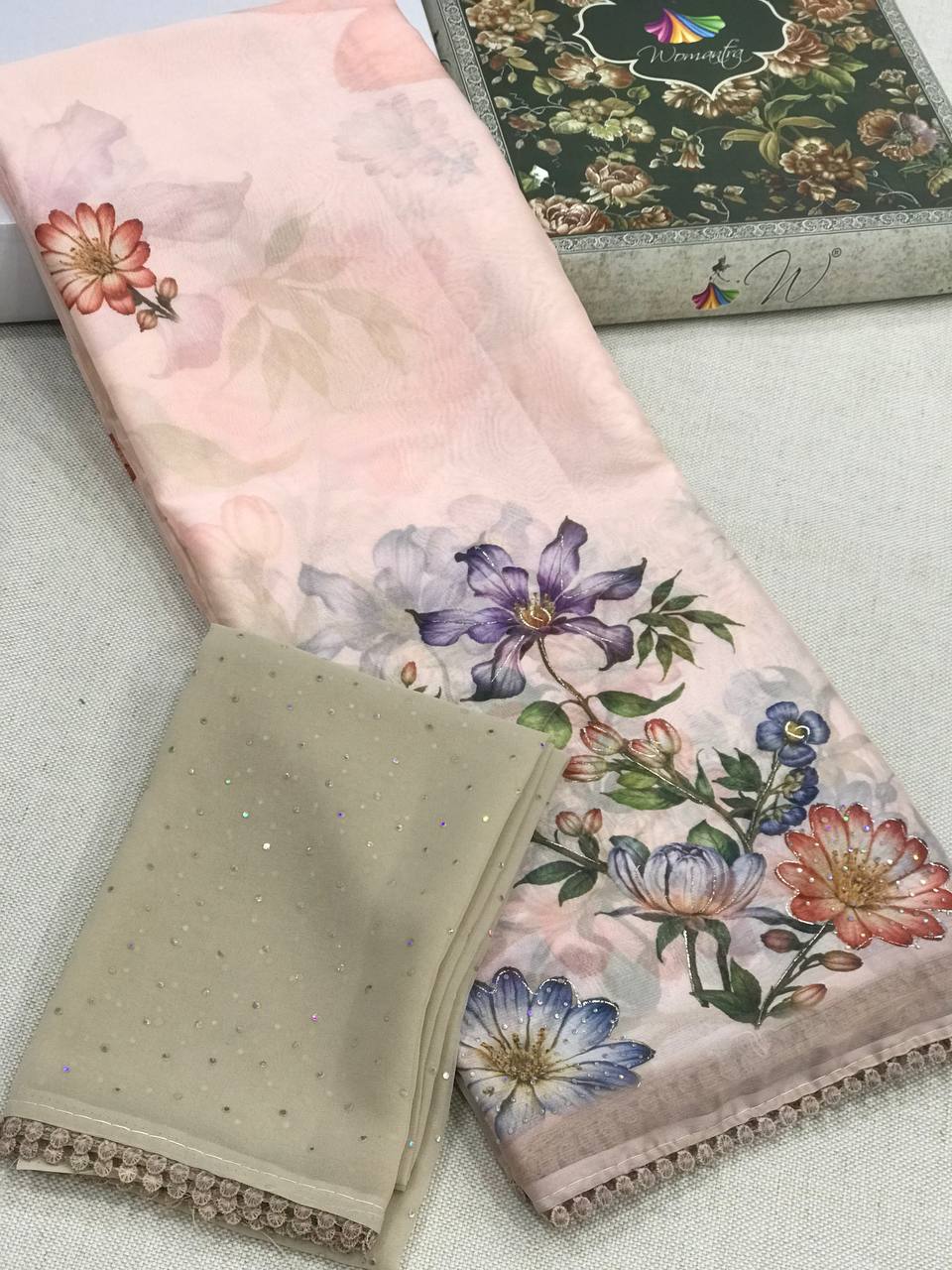 Tulip, Chiffon Flower With Foil Print Sari - Womantra
