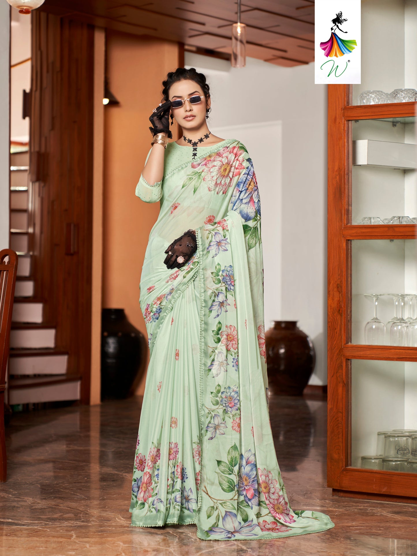 Tulip, Chiffon Flower With Foil Print Sari - Womantra